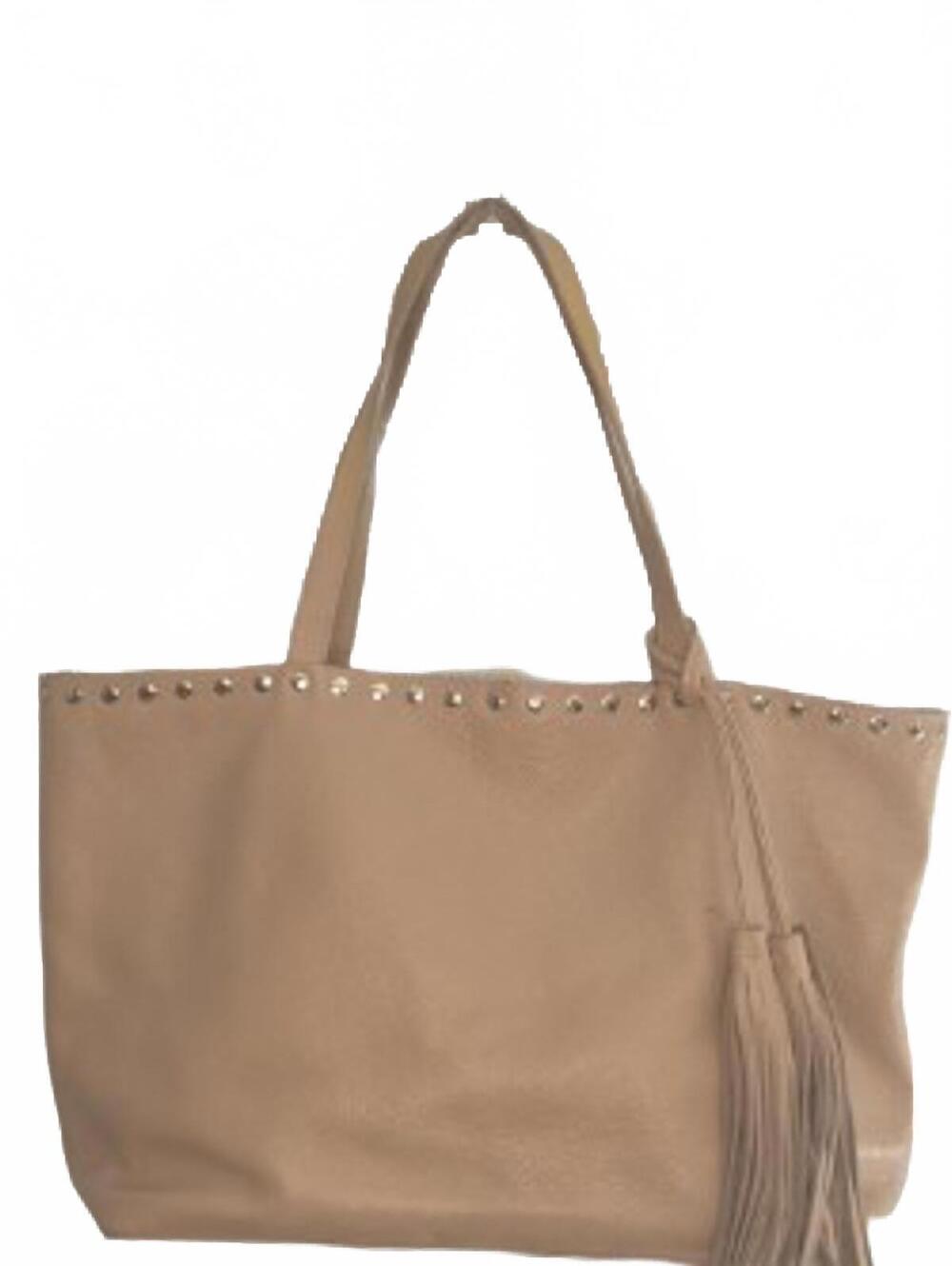 Laggo Beige Studded Leather Tote Bag with Tassel Accent